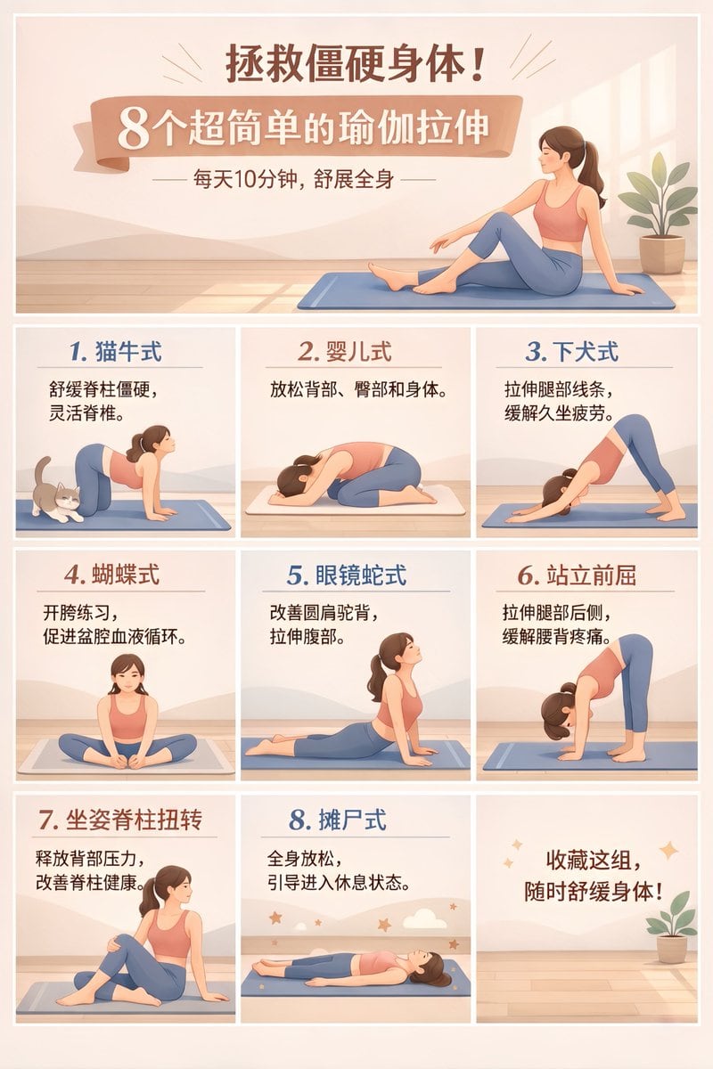 Generates a structured 3x3 grid infographic poster detailing yoga poses with a header and text descriptions, ideal for social media tutorials.