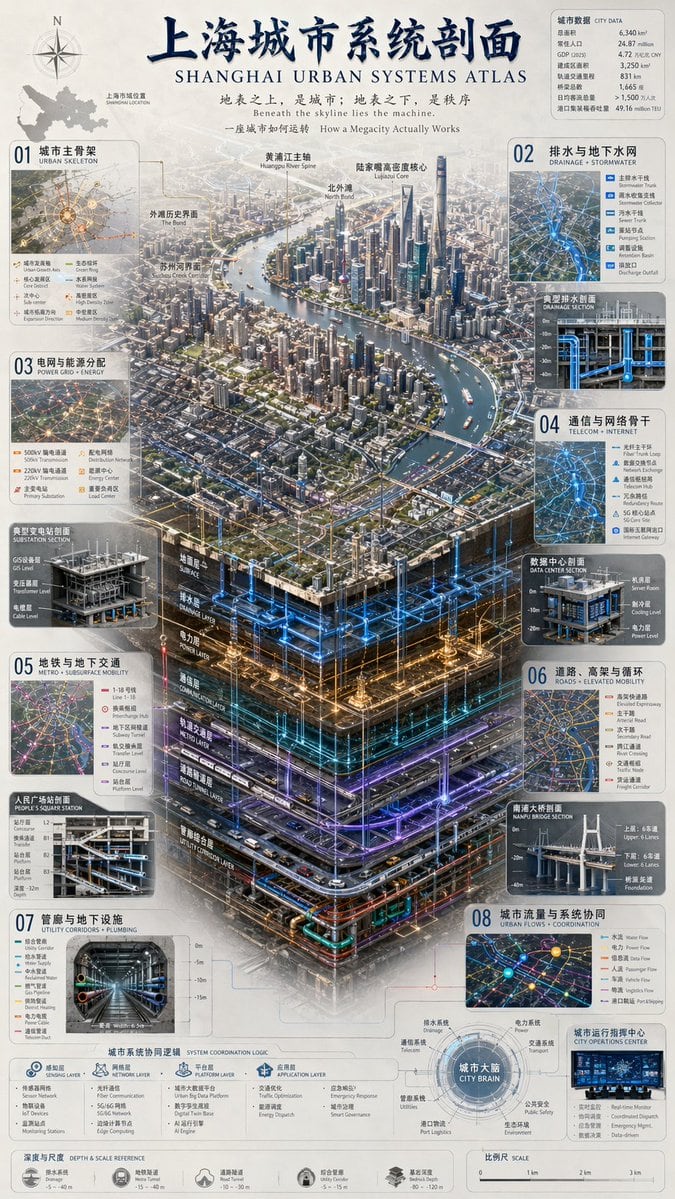 A highly detailed, information-dense infographic featuring a 3D isometric cutaway of a city's subsurface infrastructure, surrounded by data panels and cross-section diagrams.