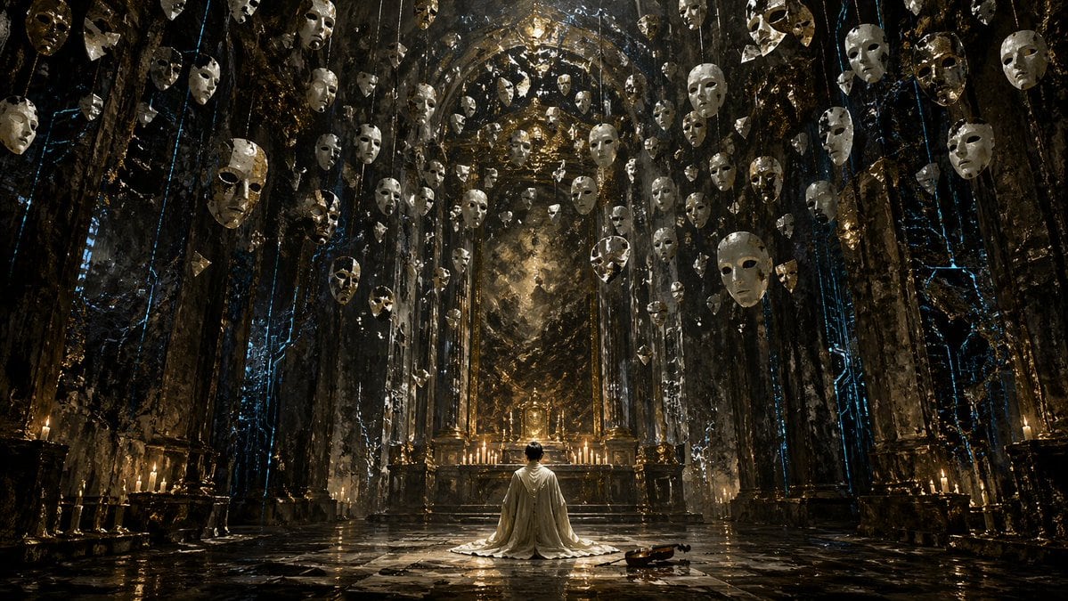 Generates a dark fantasy scene of a kneeling figure in a grand hall filled with suspended objects, ideal for cinematic concept art.
