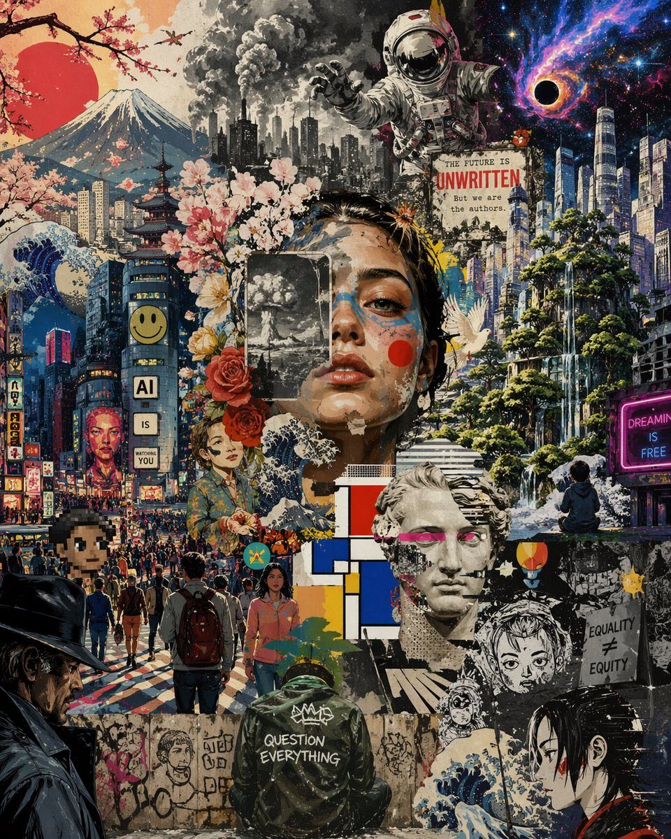 A dense surreal collage poster blending retro Japanese street culture, dystopian futurism, environmental collapse, and cosmic dream imagery in one vertically stacked composition. The imag...