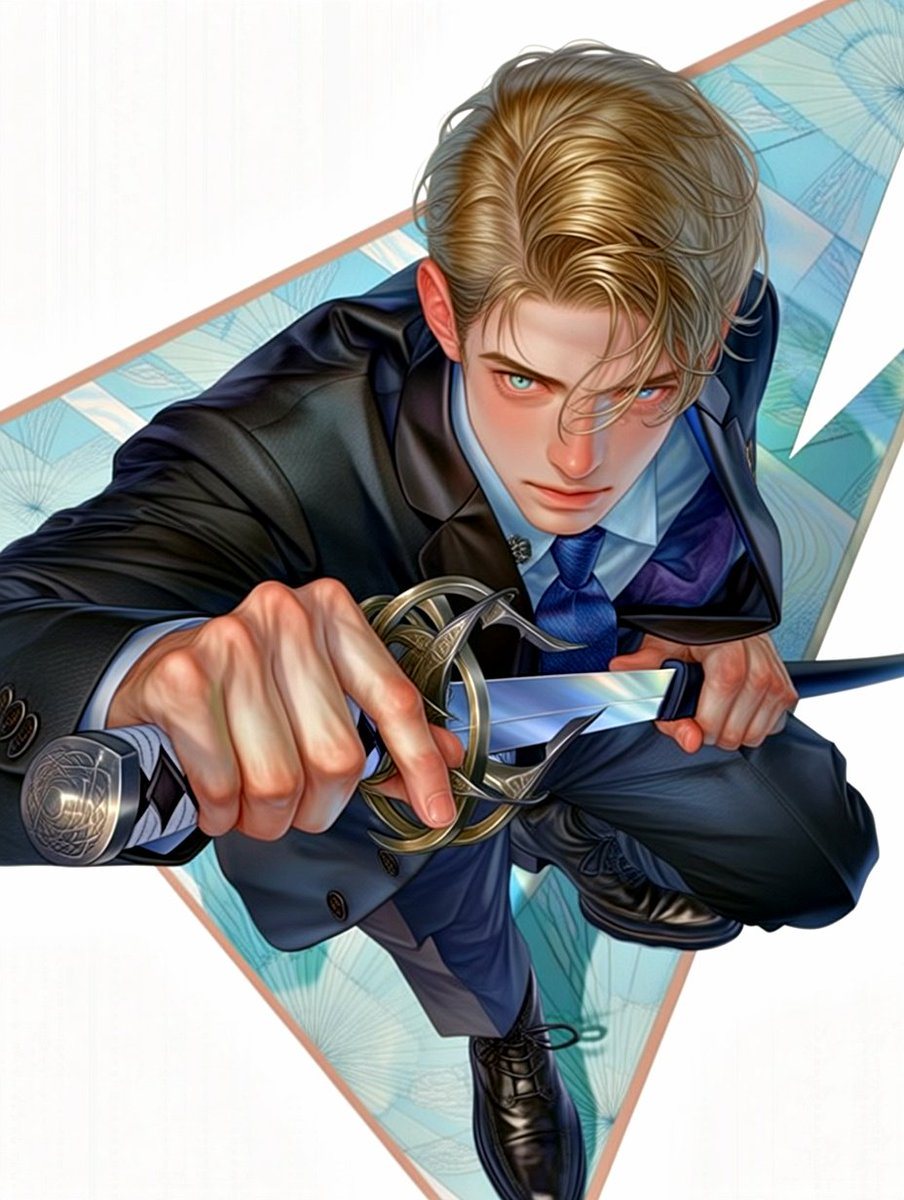 A dynamic anime-style illustration of a sharply dressed young man in a dramatic foreshortened action pose, viewed from above as if he is lunging upward toward the camera while drawing a r...