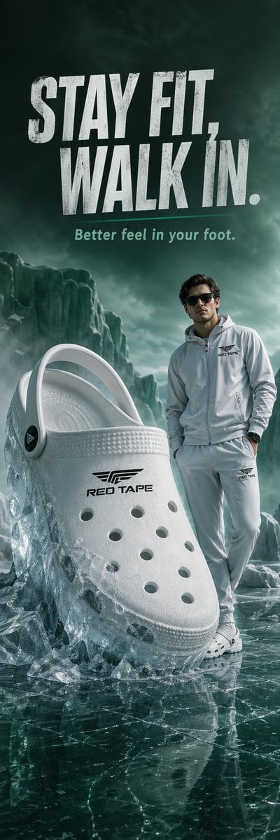 A giant white clog partially embedded in crystal-clear ice, with cool mist around. Model standing casually beside it. The model has logo of “RED TAPE”. Background: icy dim green environme...