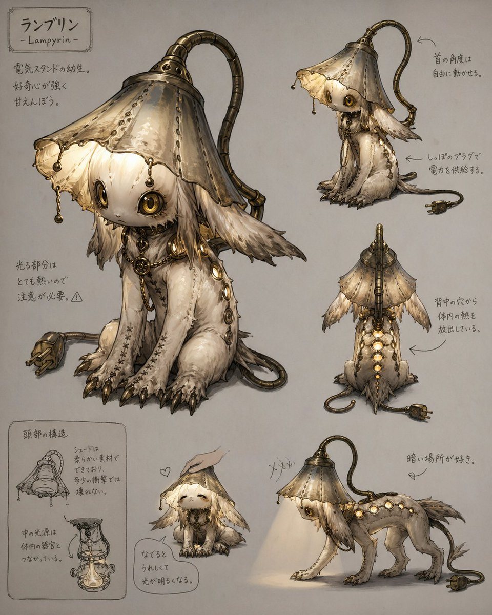 A detailed creature design reference sheet for a cute inorganic lamp-animal hybrid, useful for concept art, worldbuilding, and character design prompts.