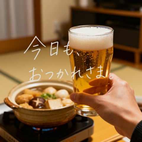 A warm Japanese home-style evening photo with a hand holding beer in front of simmering oden, ideal for comforting social posts or handwritten-message lifestyle visuals.