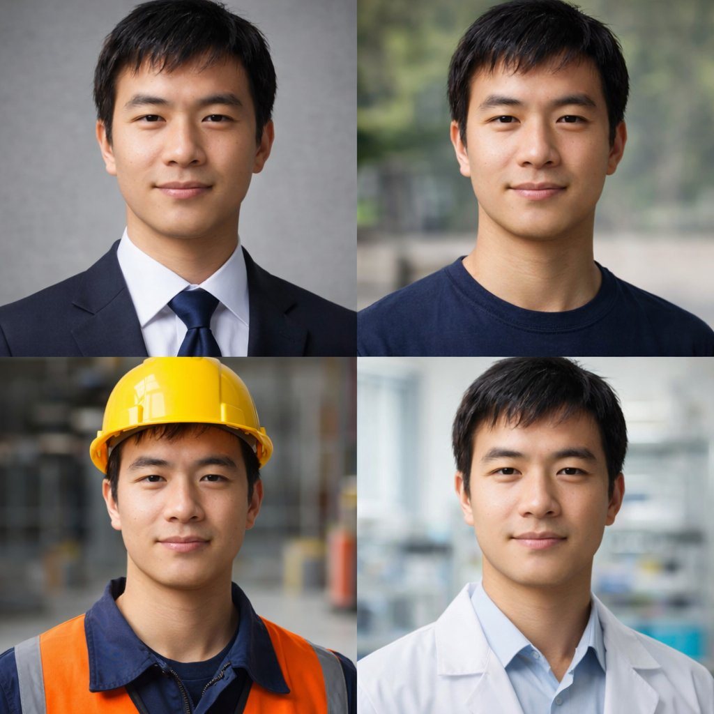 Generates a 2x2 grid of photorealistic portraits showing the same person in four different professional and casual outfits.