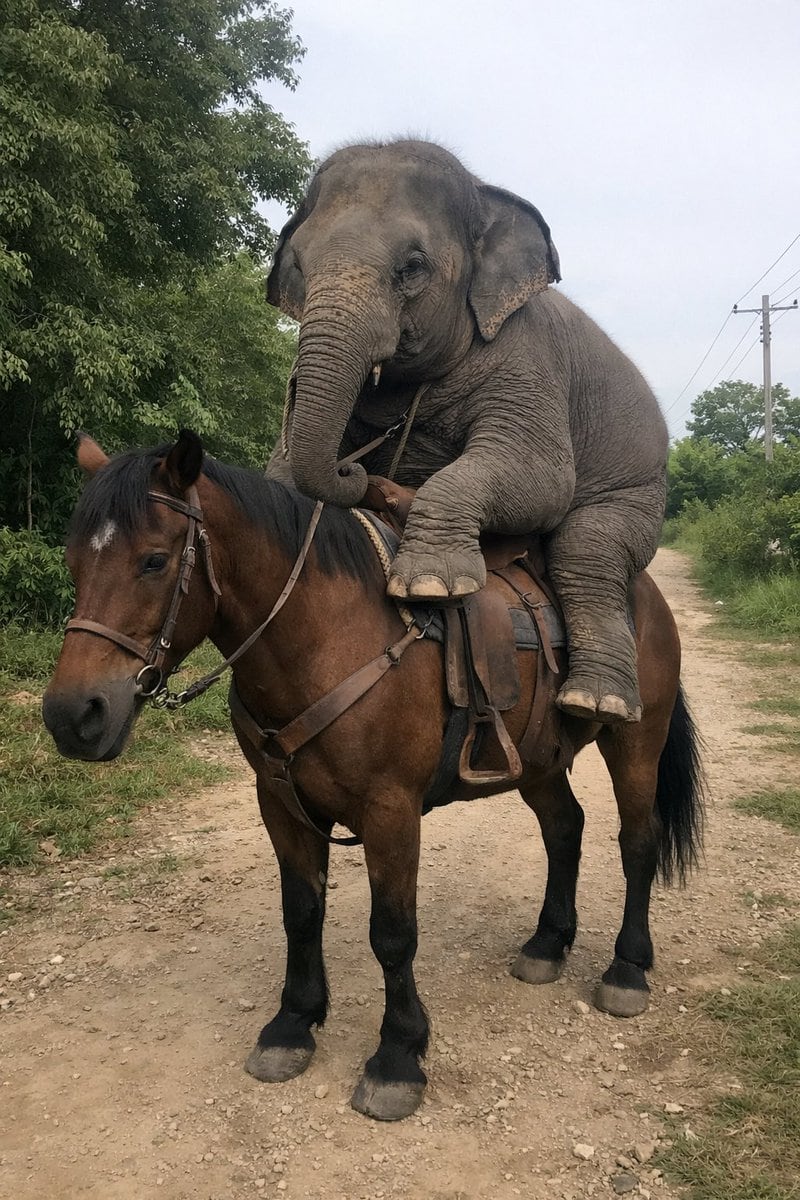 A photorealistic, slightly amateur-style photograph of a small young elephant sitting upright in a leather saddle on the back of a brown horse with black lower legs and a white star on it...