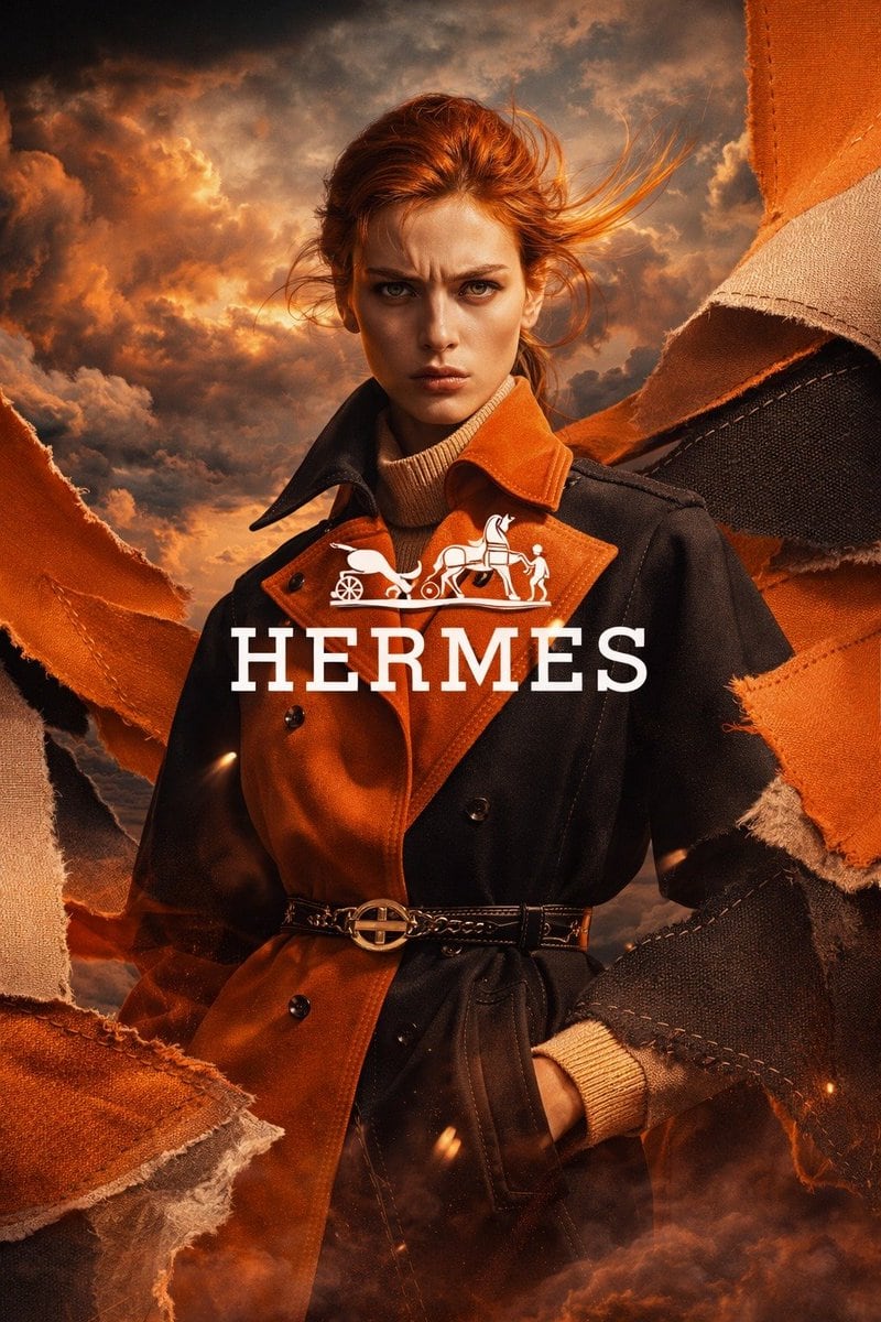 Luxury fashion advertisement, cinematic editorial portrait of a tall elegant woman wearing a dramatic two-tone belted trench coat in burnt orange and deep black, layered over a cream ribb...