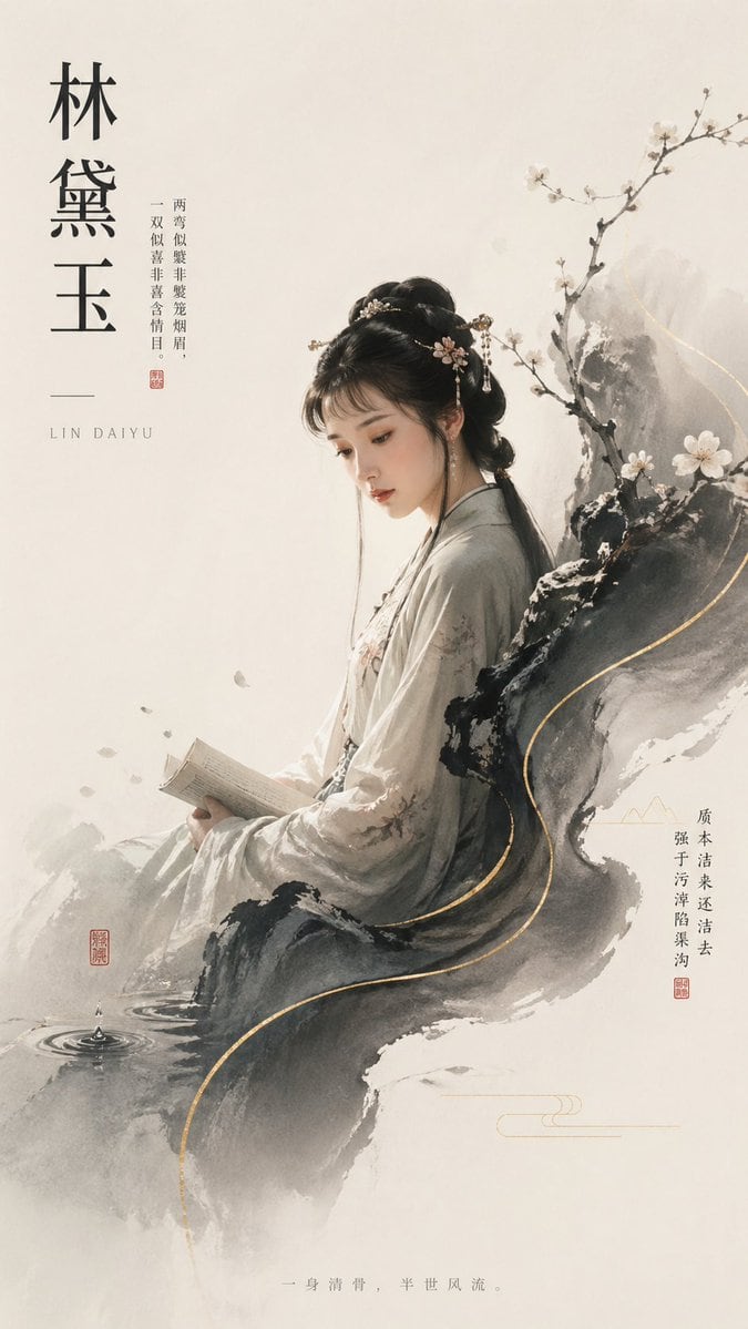 Create a vertical poster in elegant Chinese new aesthetic style, blending ink-wash painting and refined digital illustration on a warm off-white rice-paper background. The composition fea...