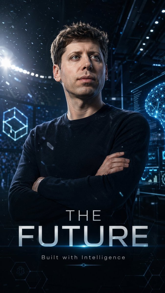 A cinematic vertical poster of Sam Altman styled like a futuristic football superstar campaign image, waist-up portrait, centered, arms crossed, wearing a plain dark navy or black crewnec...