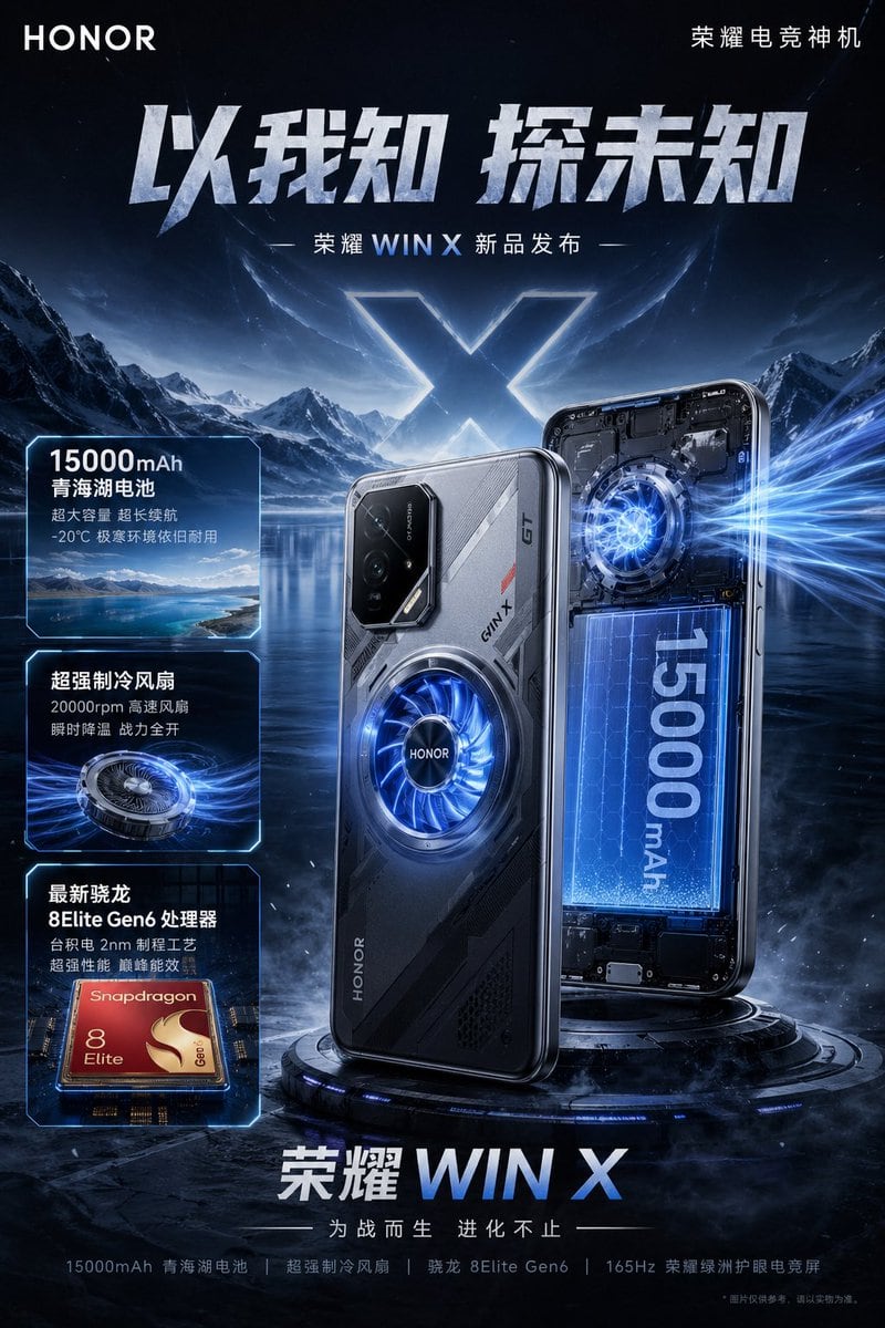 A dramatic futuristic Chinese smartphone launch poster for HONOR promoting the gaming phone WIN X, in a tall premium advertisement layout with a dark blue and black sci-fi palette, ultra-...