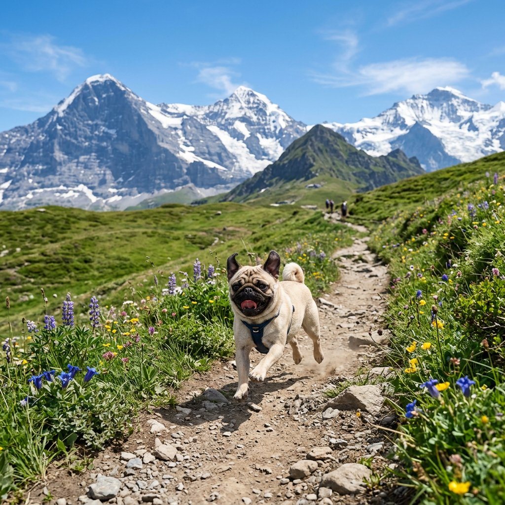 A bright, high-resolution outdoor action photograph of a small pug running toward the camera on a narrow rocky hiking trail through an alpine meadow. The dog is centered slightly low in t...