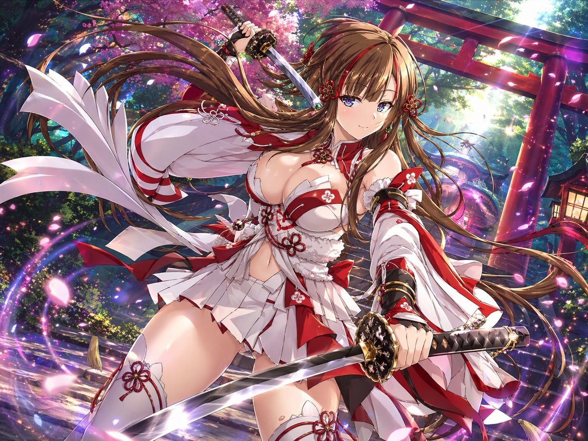 A highly detailed anime fantasy illustration of a shrine maiden swordswoman in a dynamic low-angle action pose at a Japanese shrine during spring. She is a beautiful young woman with ligh...