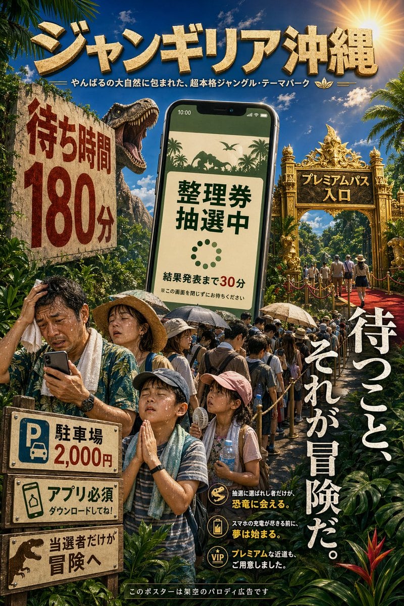 一张电影质感的日式讽刺主题公园广告海报，描绘了一个虚构的丛林恐龙主题公园，非常适合恶搞活动、社交媒体视觉图或模拟宣传主视觉。