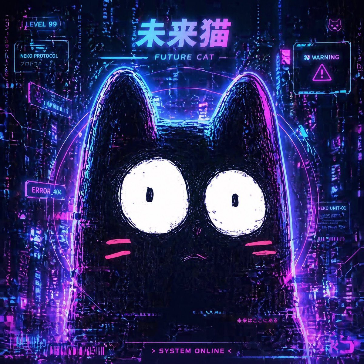 A cyberpunk neon poster-style illustration of a cute futuristic black cat mascot centered in a dark rainy high-tech city. The cat is a simple rounded silhouette with two tall ears, huge w...