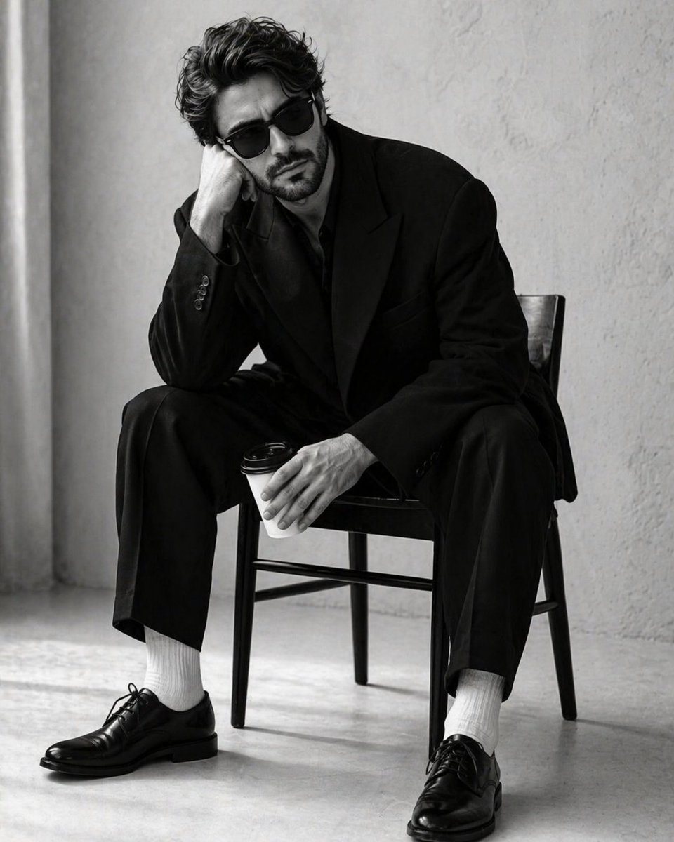 Create a 4:5 high-contrast, black-and-white studio portrait of a handsome man in the uploaded image. He is seated in a slumped, pensive posture on a minimalist dark wooden chair. His righ...