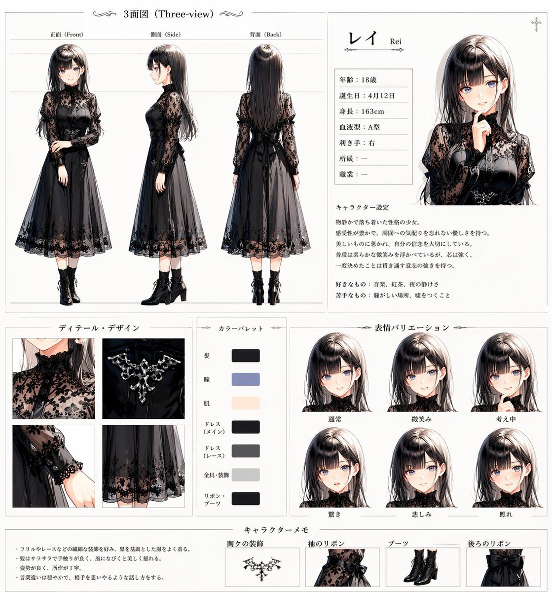 Ready-to-edit anime character reference sheet image prompt.
