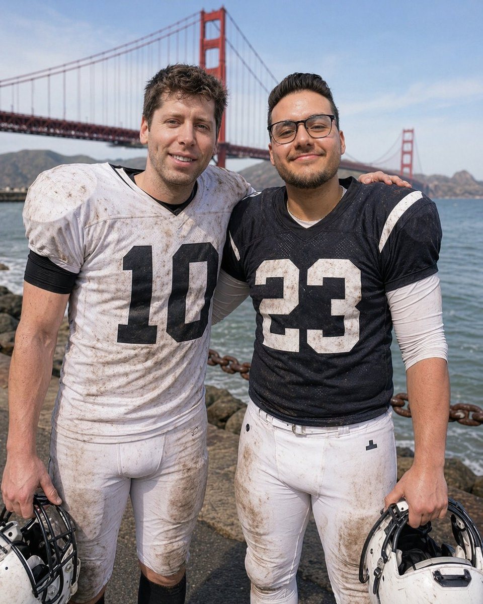 A realistic outdoor sports portrait of two American football players standing side by side on a waterfront path with the Golden Gate Bridge filling the background on a bright clear day. T...