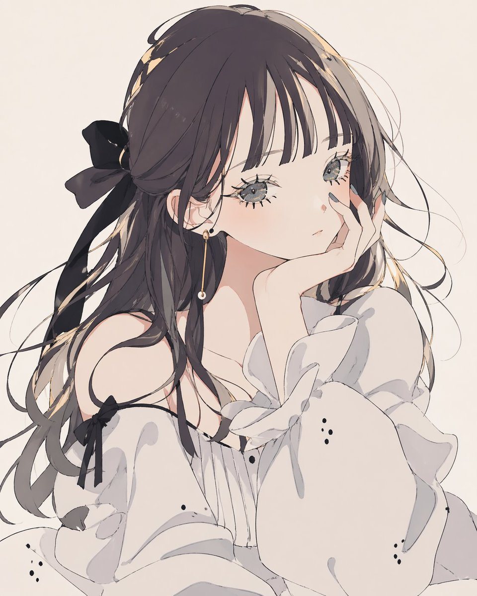 A soft, airy anime portrait of a delicate young woman in a minimalist off-white background, shown from the chest up in a close three-quarter view. She has long, slightly wavy dark brown w...
