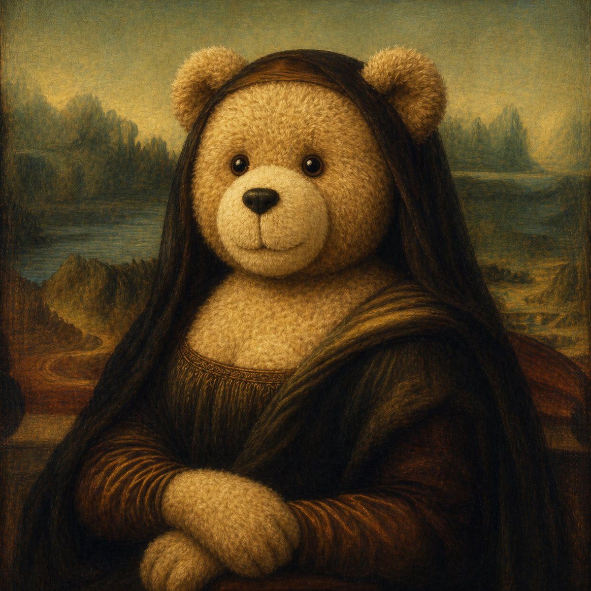 A surreal oil painting in the style of Leonardo da Vinci's Mona Lisa, reimagined as a teddy-bear hybrid portrait. The subject sits in the same half-length frontal pose with folded hands,...