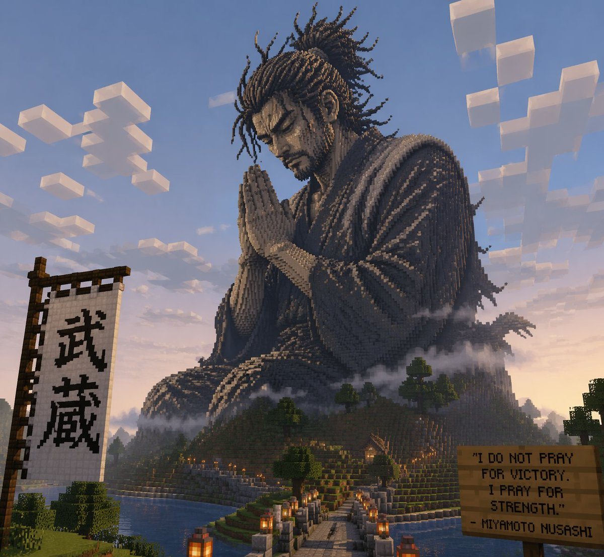A prompt for creating a massive, block-style statue of Miyamoto Musashi in a prayer pose within the world of Minecraft.