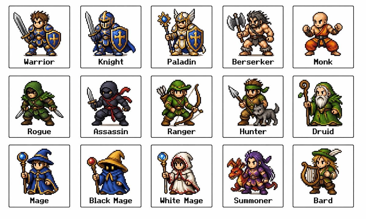 Ready-to-edit retro fantasy RPG job-class sprite sheet image prompt.