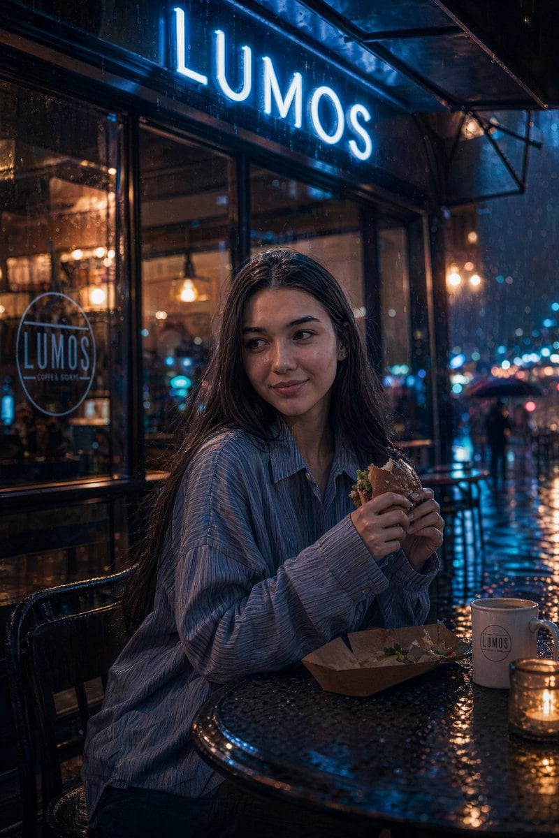 Ultra cinematic rainy night scene at a neon lit café named a young woman sitting alone under soft rain protection, wearing a slightly oversized shirt, holding a half-eaten burger, raindro...