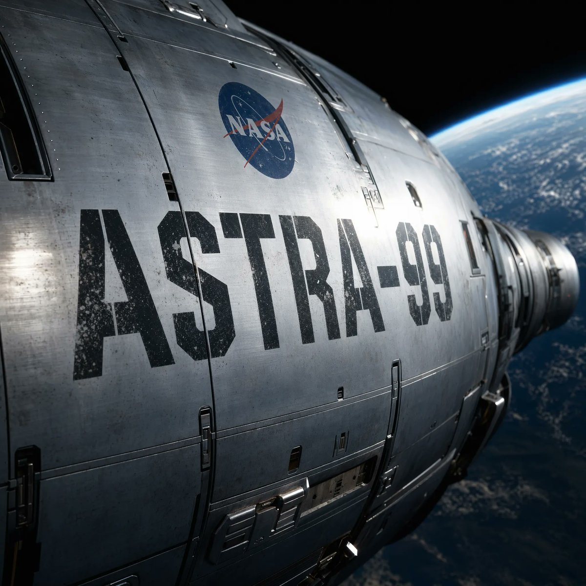 A cinematic ultra-detailed close-up of a NASA spacecraft in low Earth orbit, viewed from very near the hull at a dramatic diagonal angle so the curved metallic body fills most of the fram...