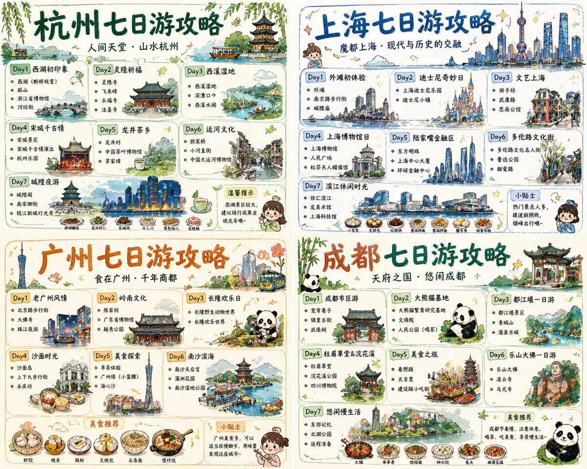 Ready-to-edit hand-painted illustrated travel guide poster set image prompt.