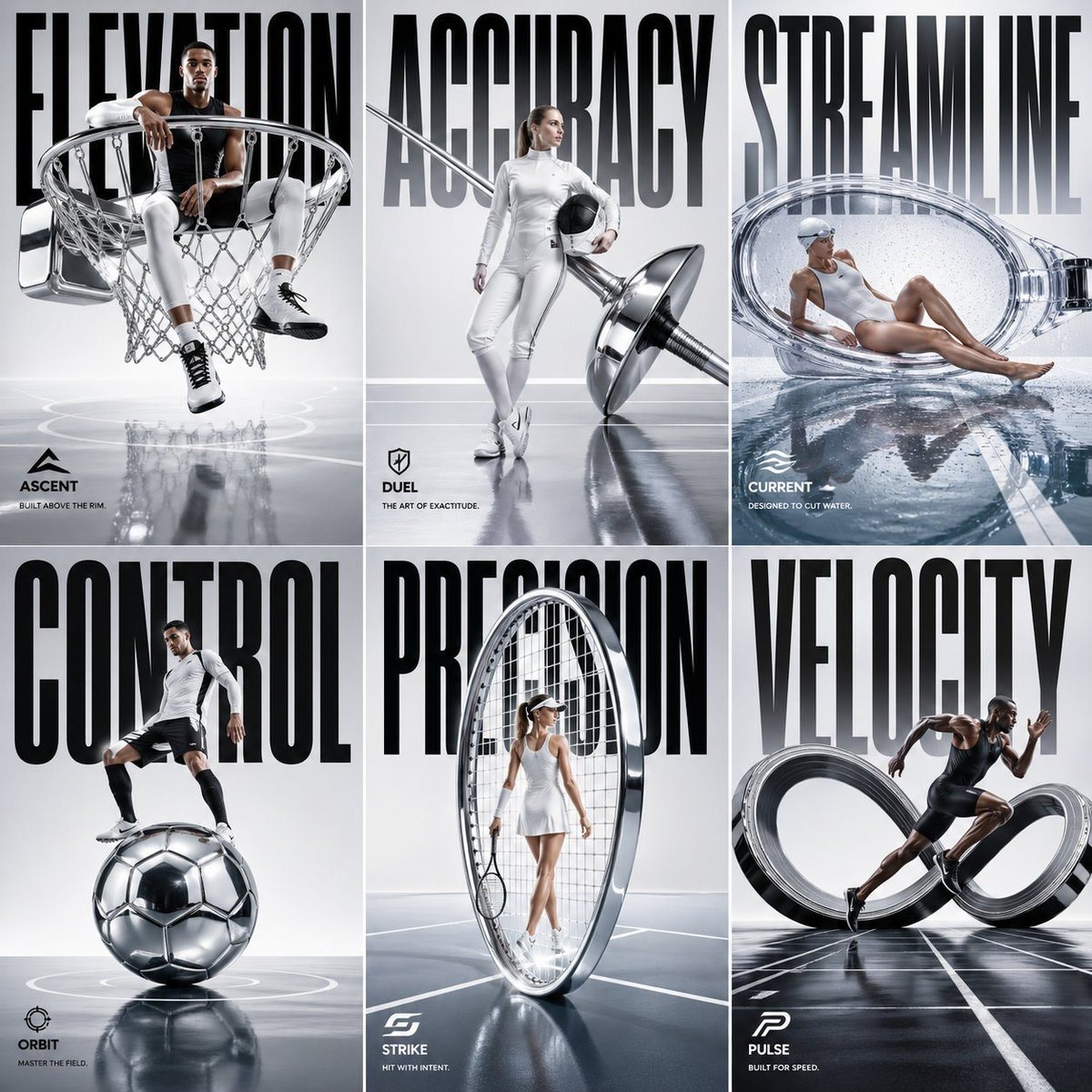 This prompt generates a polished six-panel editorial sports campaign poster for fashion advertising, brand concept art, or high-end athletic marketing mockups.