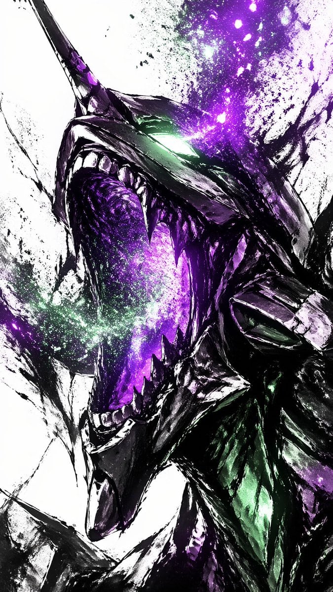 A dramatic vertical close-up of a roaring cosmic dragon head in side profile, painted in a violent ink-splatter and brushstroke style on a stark white background. The creature has a long...
