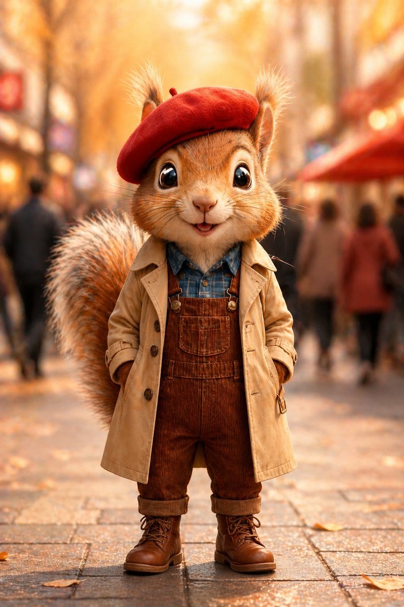 A full-body cinematic portrait of an anthropomorphic squirrel child standing centered on a city pedestrian street in autumn, facing the camera with a calm, charming presence and hands tuc...
