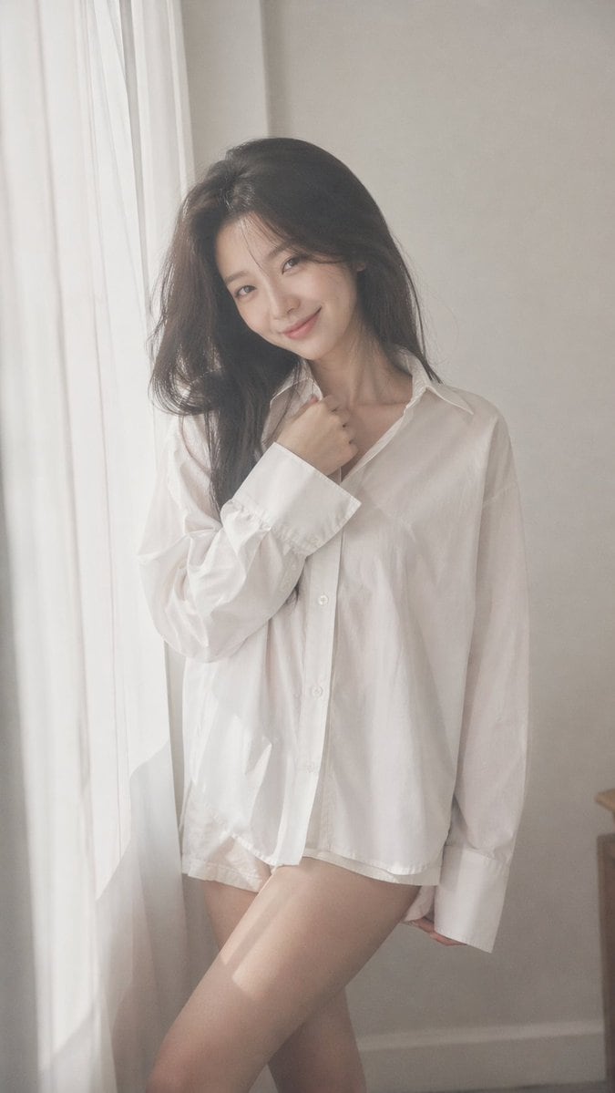 9:16 vertical — Korean idol portrait photography, single subject soft black mist filter effect, lowered contrast, gentle highlight bloom, subtle glow, soft diffusion, slightly faded black...