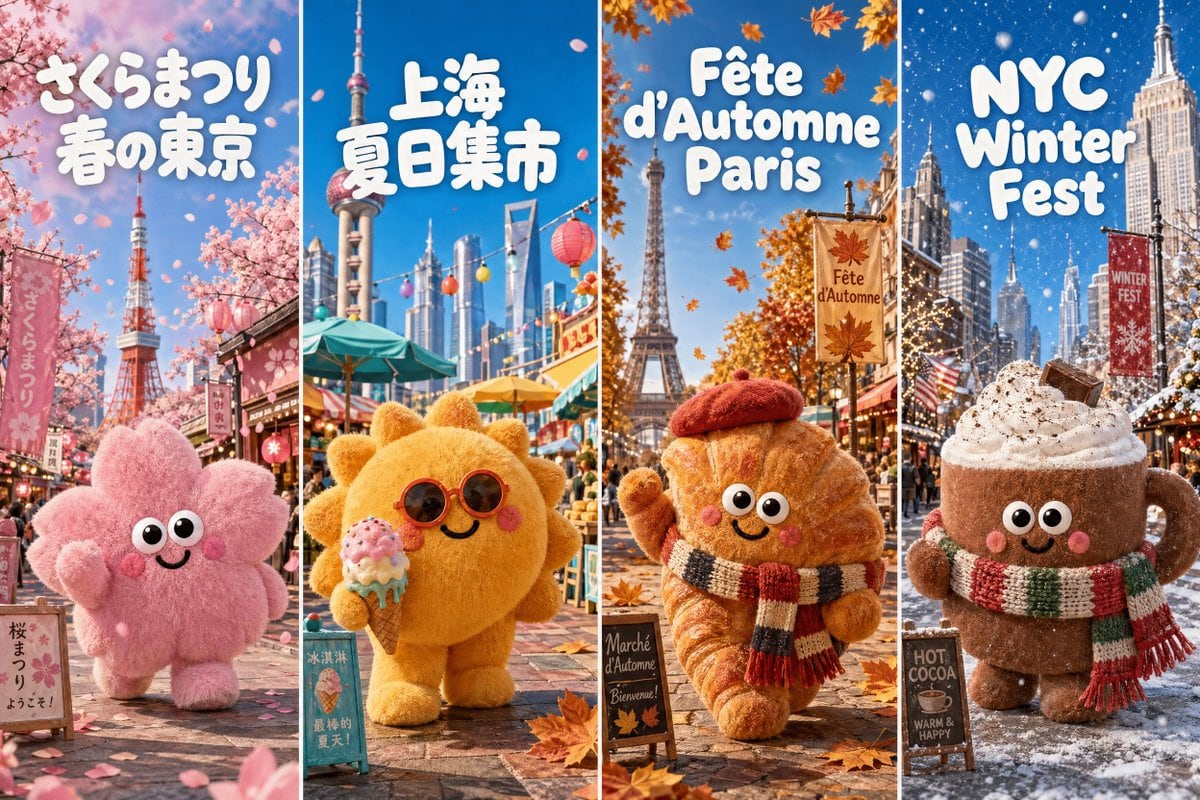 A whimsical four-panel poster showing cute plush mascots for spring Tokyo, summer Shanghai, autumn Paris, and winter New York, ideal for seasonal travel or festival-themed artwork.