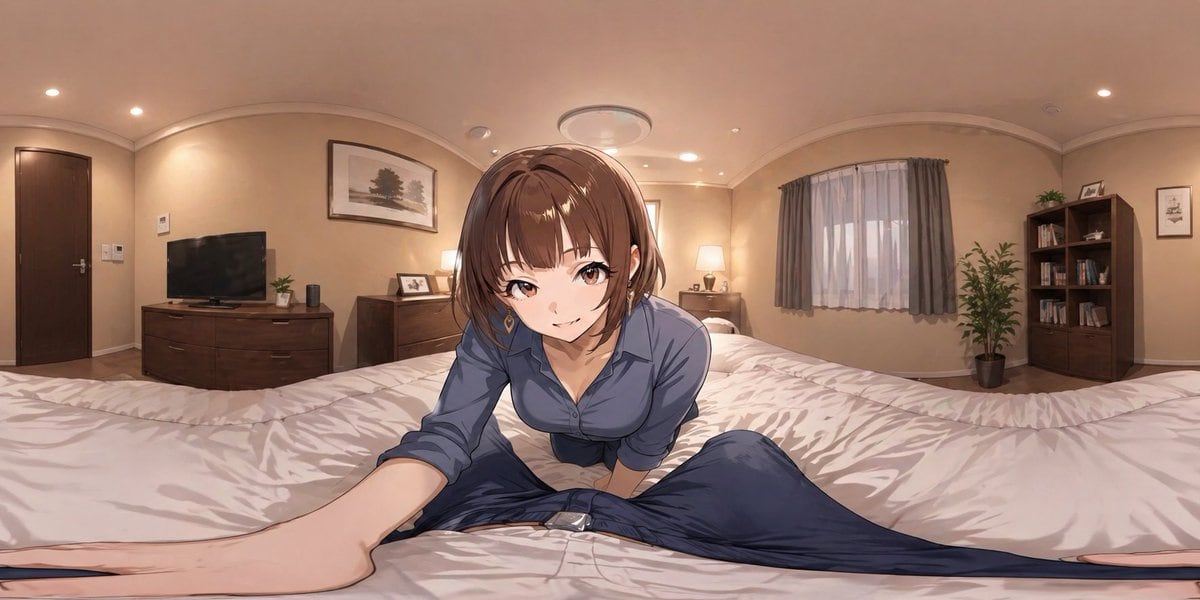 This prompt generates an immersive 360-degree anime bedroom scene with a woman leaning close to the viewer, suitable for VR-themed illustrations or panoramic virtual-experience visuals.