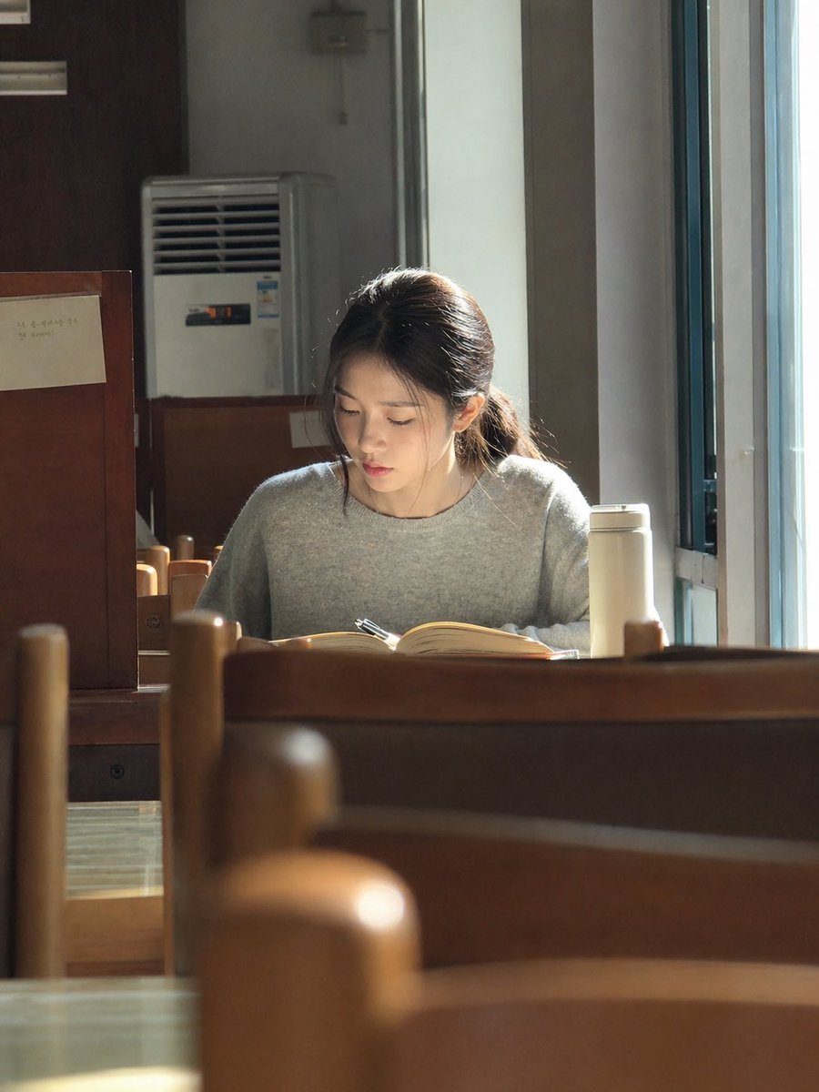 A highly realistic candid indoor photo of a young East Asian woman studying alone in a quiet sunlit library or reading room, seated at a wooden desk and framed from mid-torso up behind se...