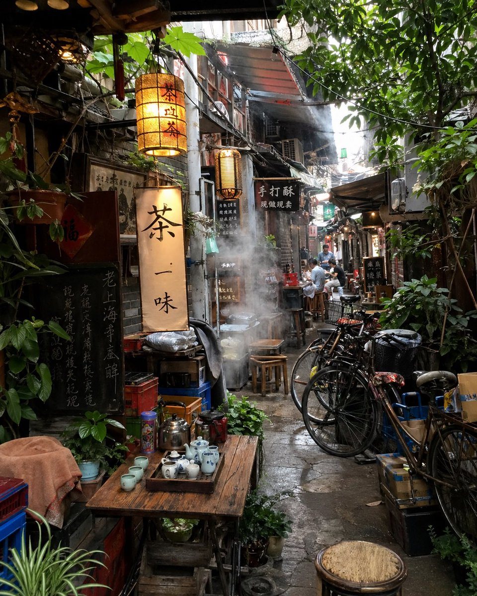 This prompt generates a richly detailed photorealistic hidden tea-lane alley scene, ideal for cinematic street photography, travel visuals, or mood-driven editorial art.