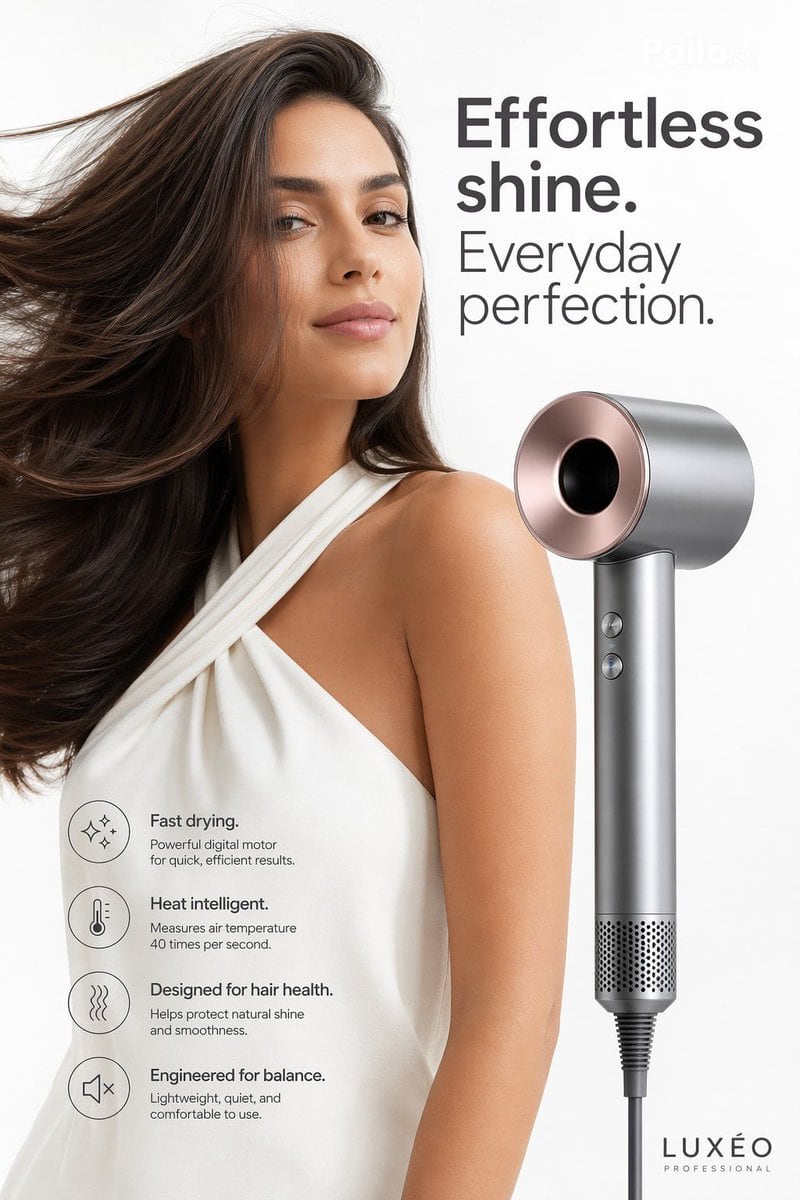 Create a premium minimalist beauty advertisement on a clean light gray studio background. Show a glamorous female model from chest up on the left side, with deep brunette hair blown drama...