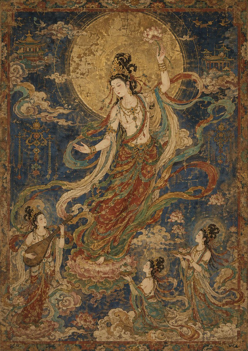 此提示词可生成一幅饱经风霜的蓝金配色东亚宗教壁画，画面中心为一位手持莲花的天女及三位侍从，非常适合用于神圣奇幻艺术或古风卷轴风格的图像创作。