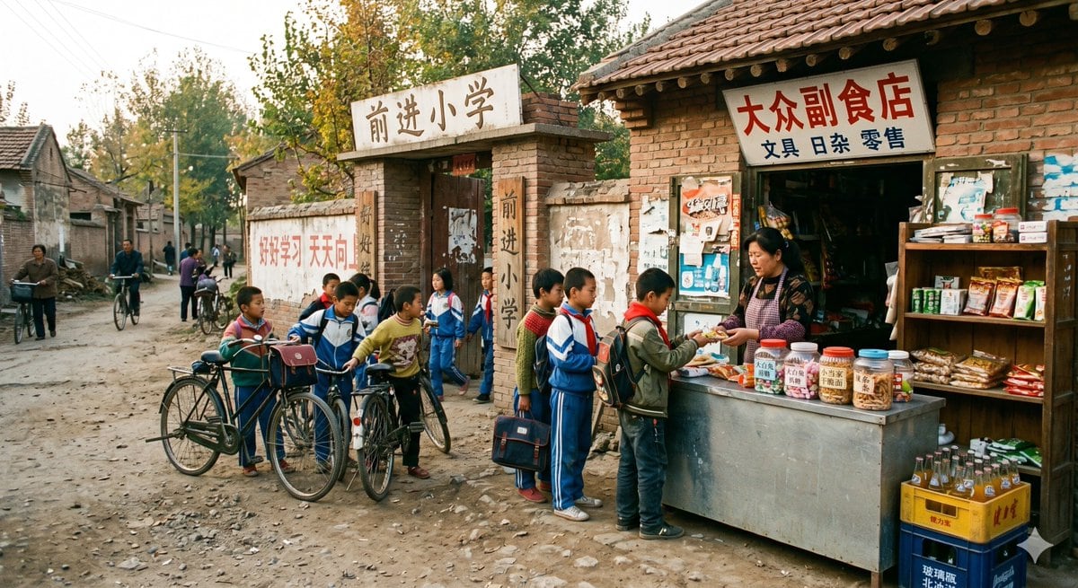 A realistic documentary-style color photo set in 1998, showing the entrance of a rural Chinese primary school and the small roadside shop beside it. The scene is viewed at street level on...