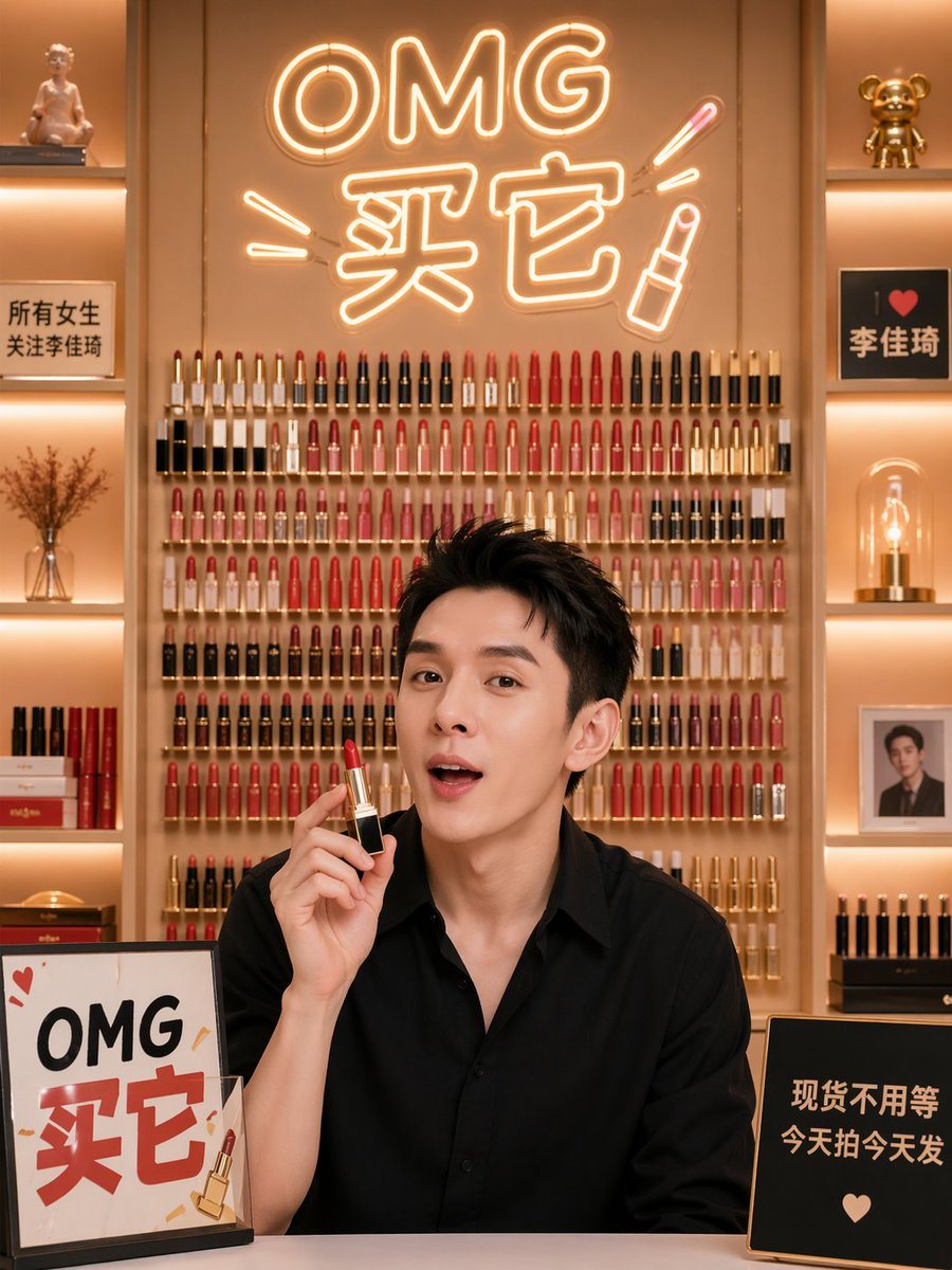 一个用于生成专业直播间背景的提示词,特色包括口红展示墙和暖色调灯光,灵感源自中国知名网红。
