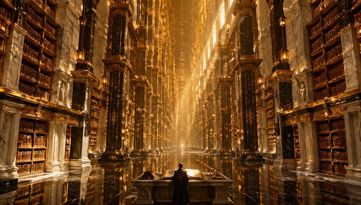 An impossible grand interior of a colossal palace-library called Library of Infinite Echoes, photographed as a cinematic ultra-wide 8mm rectilinear architectural shot from a perfectly cen...