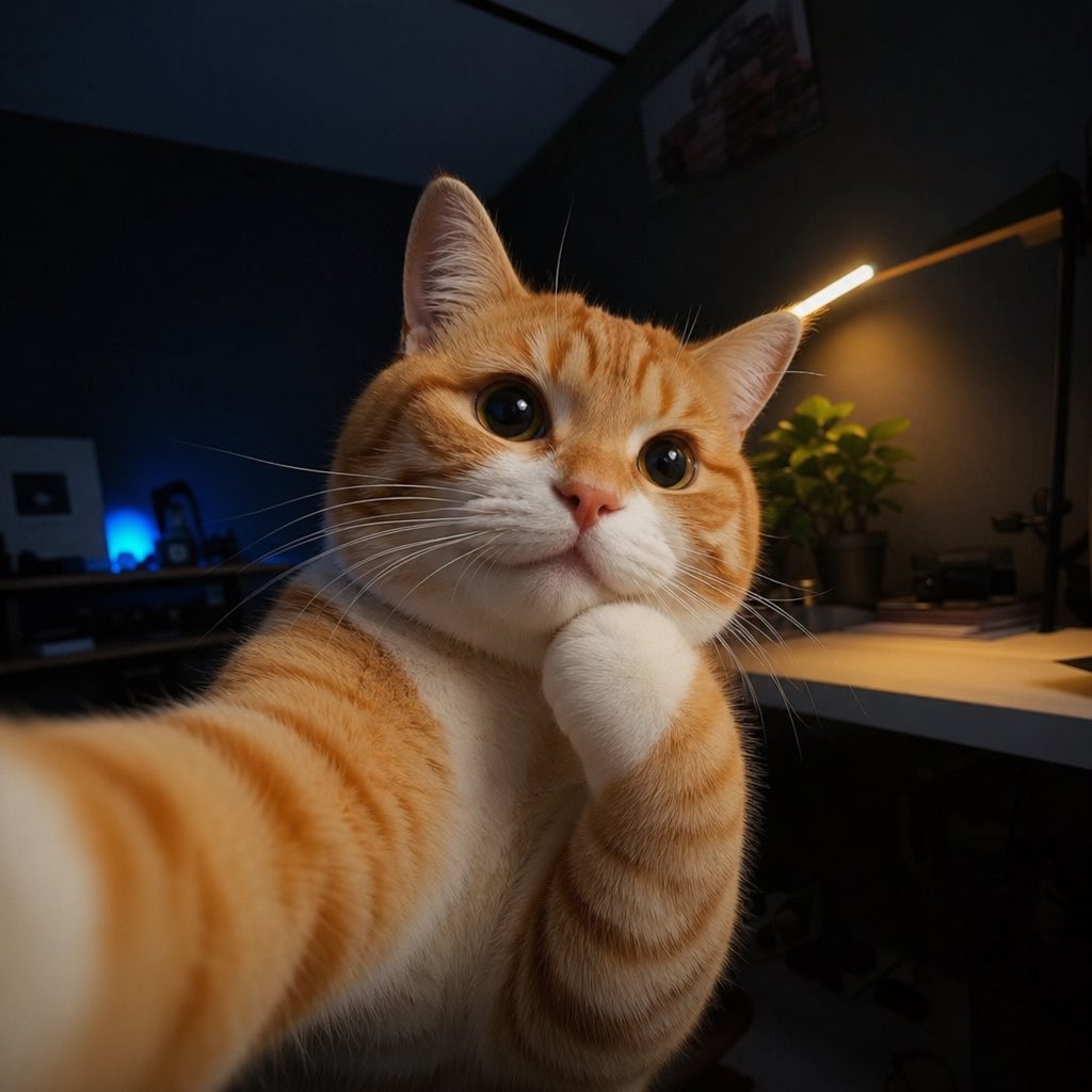 a cute orange and white cat, he looks like hes thinking. taking a selfie inside a dramatically lit room dark room. the cat has big eyes, a chubby face, and a happy expression. the image i...
