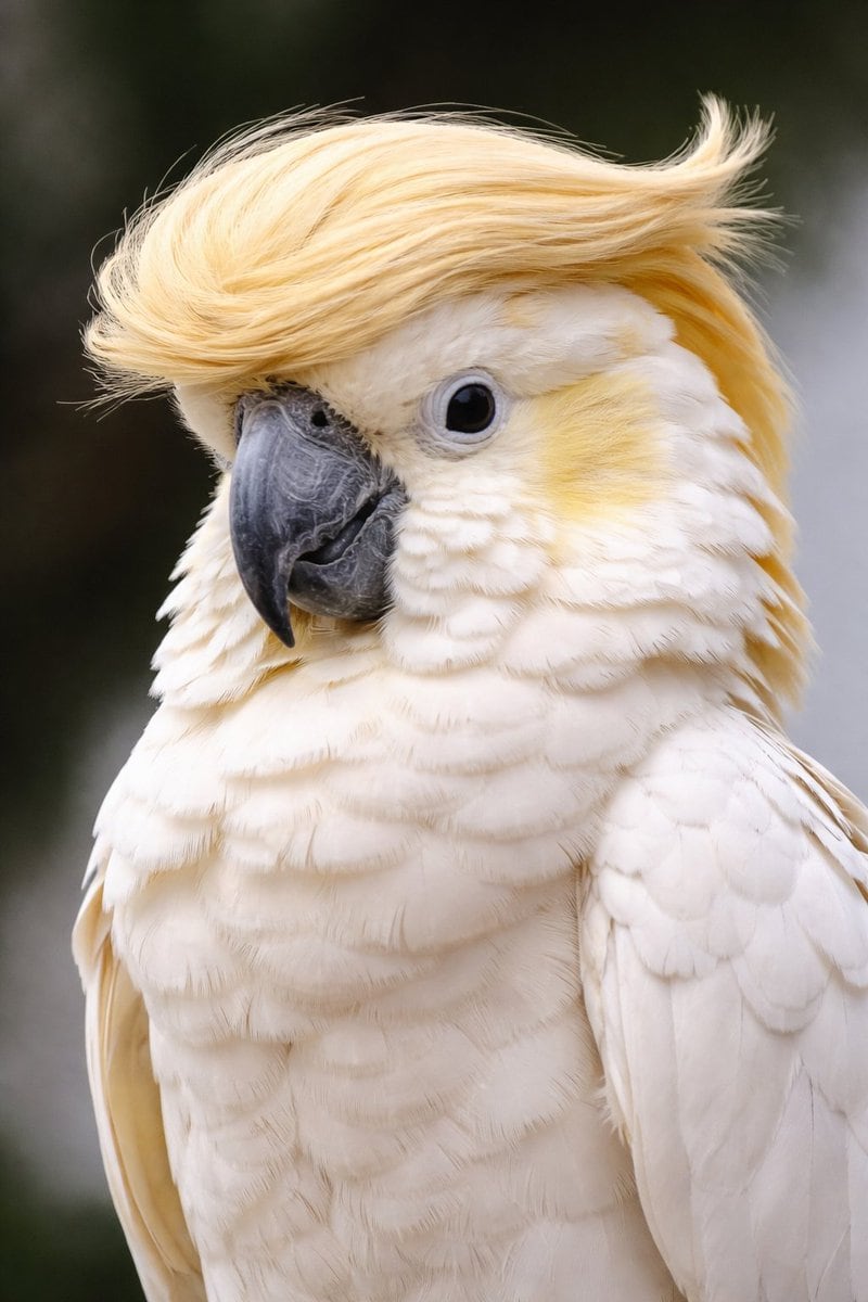 A photorealistic close-up portrait of a white cockatoo featuring a highly unusual, human-like blonde comb-over hairstyle swept to the side. The bird has pristine white feathers with subtl...
