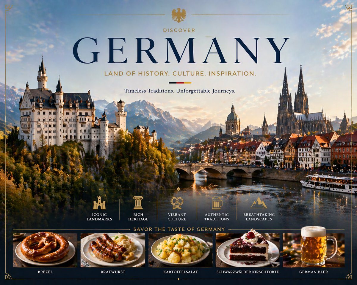 Create a luxurious vintage-style travel poster for Germany, designed like a premium tourism campaign advertisement. Use a grand, symmetrical composition with elegant editorial typography...