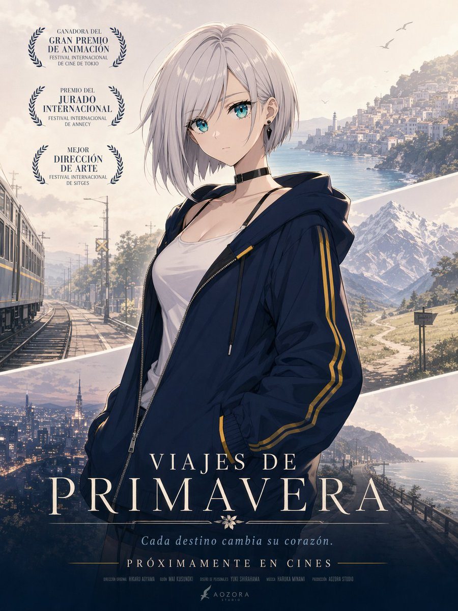A polished anime-style international film poster with a cinematic, slightly painterly look and soft natural lighting. Center the composition on a young woman shown from mid-thigh up, stan...