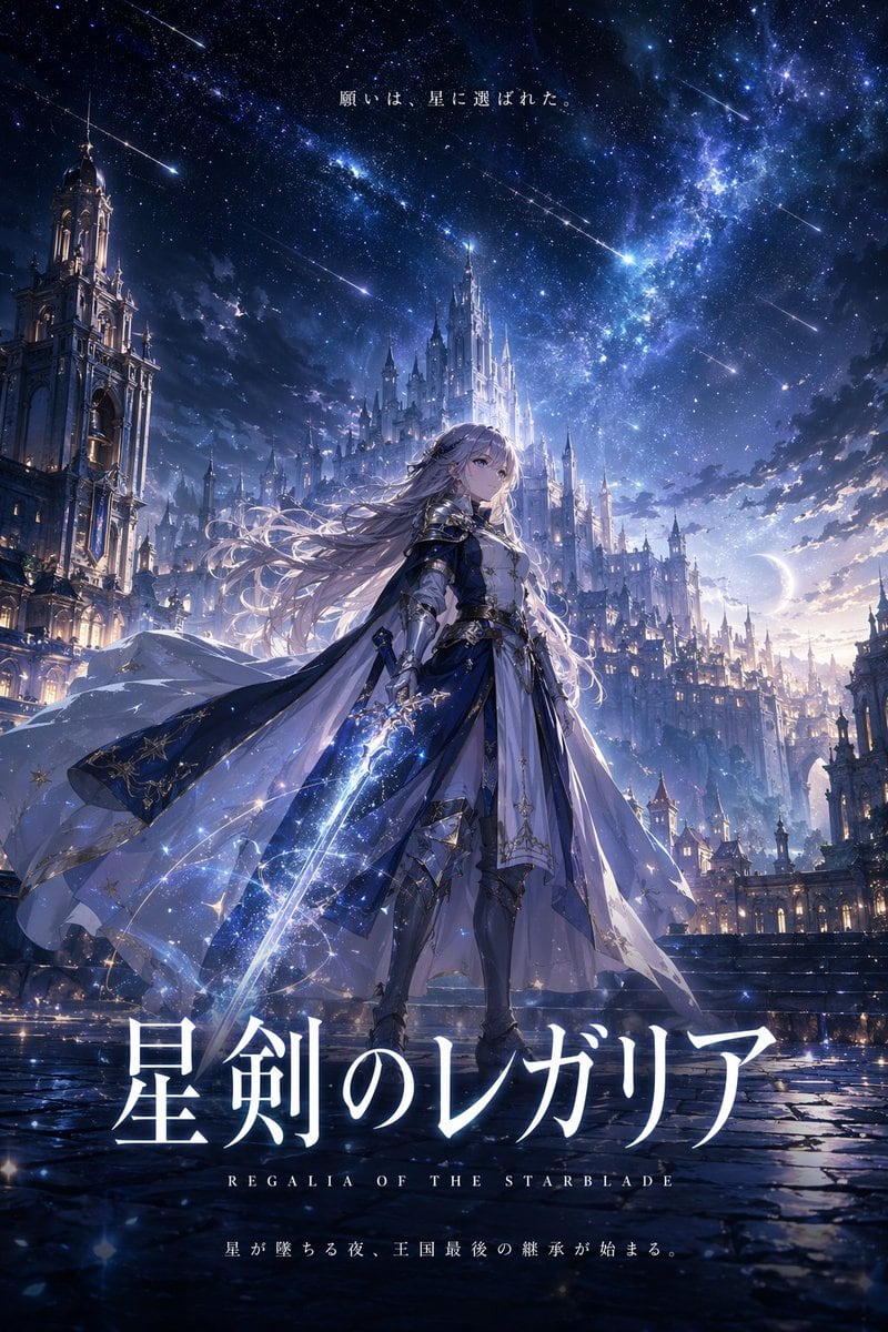 生成一张电影质感的动漫风奇幻海报，包含女骑士、发光的剑、星空城堡背景以及可自定义的排版。