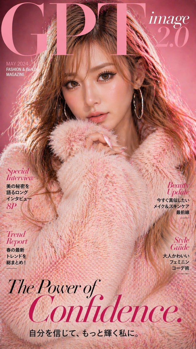 A glossy high-fashion magazine cover portrait in a vertical format, styled like a premium beauty and fashion publication. Show a young woman from the chest up in a soft glamorous studio s...