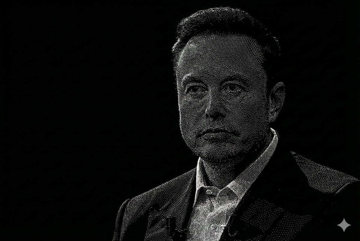 A minimalist monochrome portrait made entirely from millions of tiny white point-cloud dots on a pitch-black background, showing 1 adult man from the chest up in a formal dark blazer and...