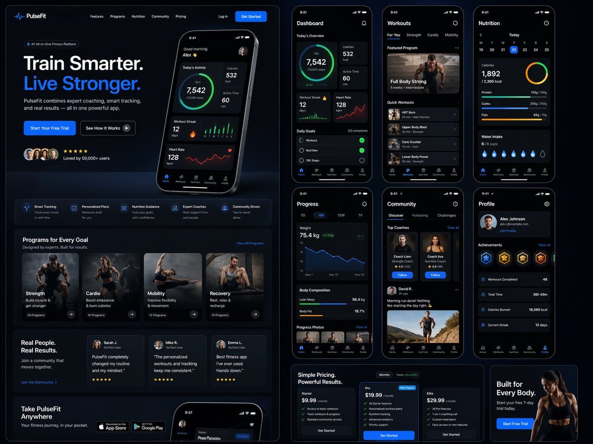 Design a modern, high-end fitness app landing page and product UI for a brand called PulseFit. Create a clean web design mockup that looks like a real SaaS fitness platform and mobile com...