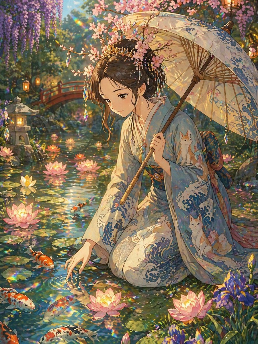 创作一幅宁静的吉卜力风格场景，描绘锦鲤池畔的公主，强调柔和的光影与精致的传统服饰。